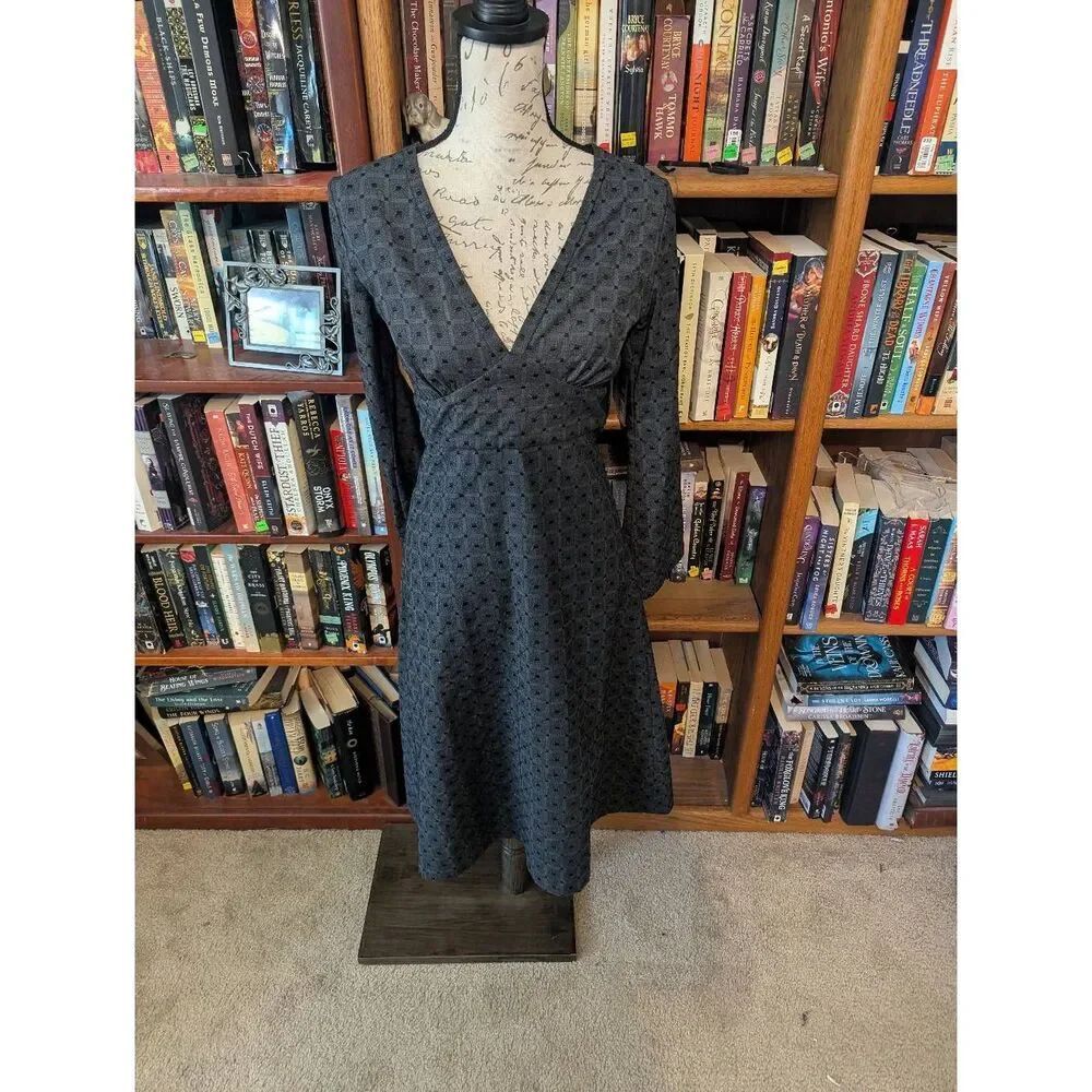Erica Tanov Gray Black Dot V-Neck Wrap Midi Dress Long Sleeve Cotton Blend 0